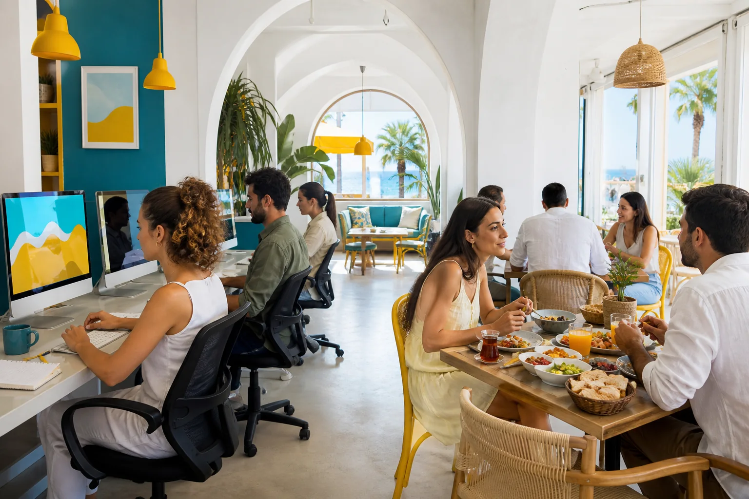 Gündüz internet kafe ve yemek alanı: Bir saat çalış. Bir tabak paylaş.